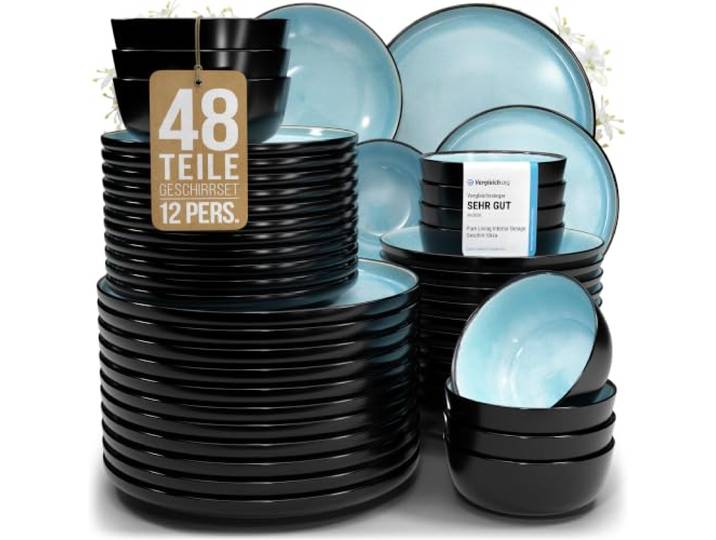 Steingut Geschirrset 12 Pers. Ibiza 48-tlg Hochwertiges Mediterranes Steingut Geschirr Set - Schüssel- und Teller Set - Tafelservice 12 Personen Geschirrsets Pure Living in Türkis