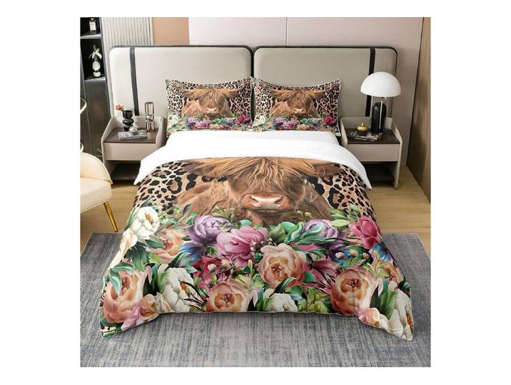 LuxusKollektion Kinderbettwäsche Bettwäscheset Baumwolle 200x200 Kuh Print Blumen Aquarell