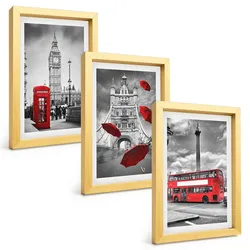 BILDER SET 3er Set - 20x30 cm Goldrahmen - Roter Regenschirmstand und Londoner Bus