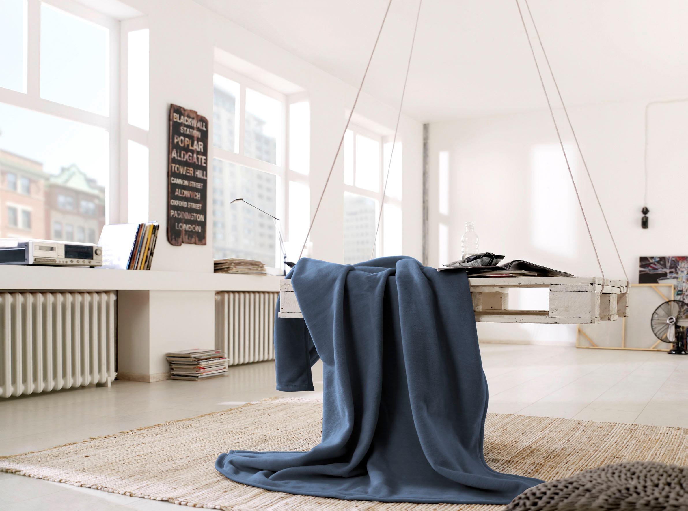 Wohndecke BIEDERLACK "Cotton Home, Kuscheldecke", blau (graublau), B:150cm L:200cm, Baumwolle, Kunstfaser, Wohndecken, Wohndecke, im Uni Design, Kuscheldecke
