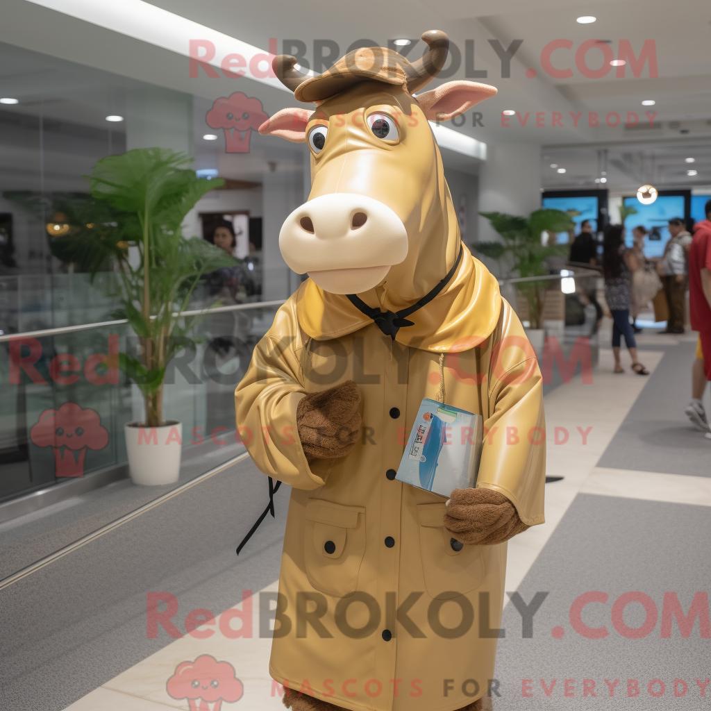 Maskottchen REDBROKOLY einer braunen Guernsey-Kuh mit Regenmantel und Messengerbag