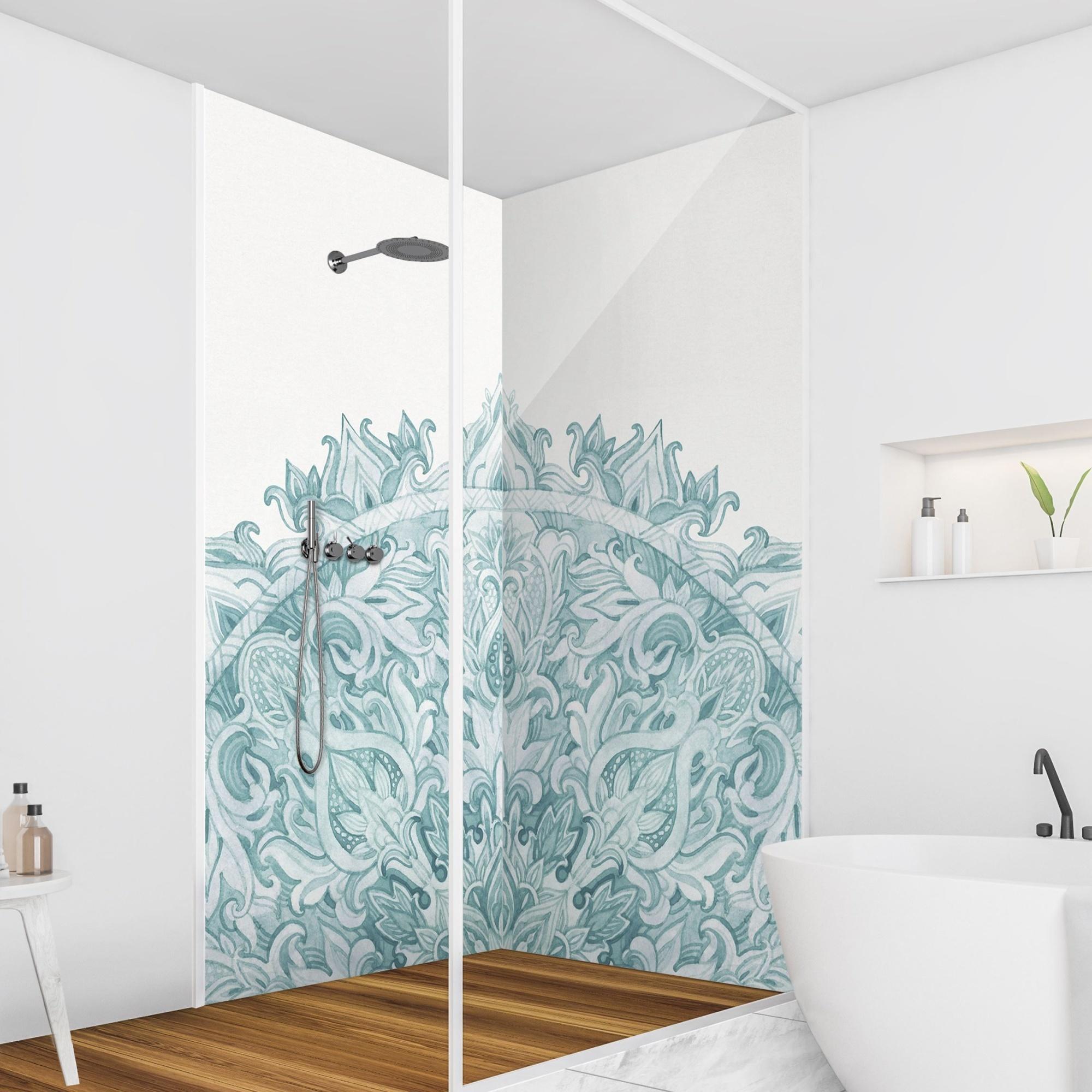 Duschrückwand Spirituell selbstklebend - 0.61 mm Wandpaneel wasserfest Ornament türkis Aquarell Badrückwand fugenlos Premium matt 110x210 cm