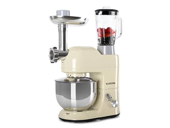 Klarstein Knetmaschine Küchenmaschine mit Fleischwolf, 1800W Teigmaschine Klein, 6 Stufen, Schneebesen Rühr- & Knethaken, Planetenrührwerk, Rührmaschine mit Mixer