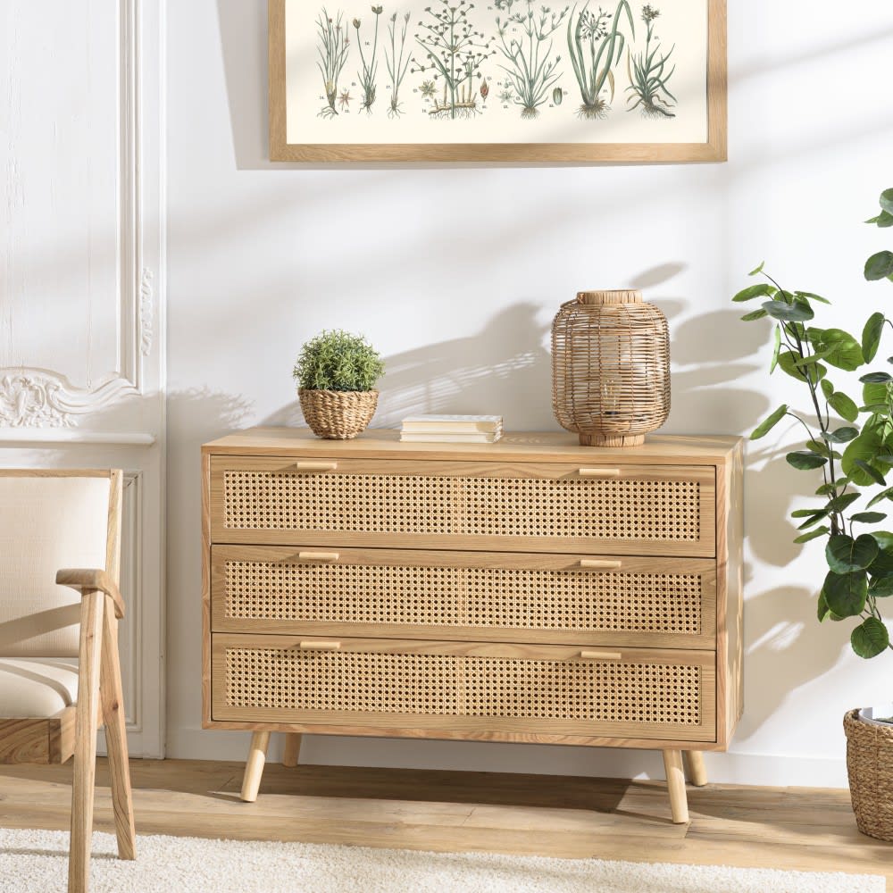 MACABANE Commode couleur naturel 3 tiroirs cannage Beige 110x76x40cm