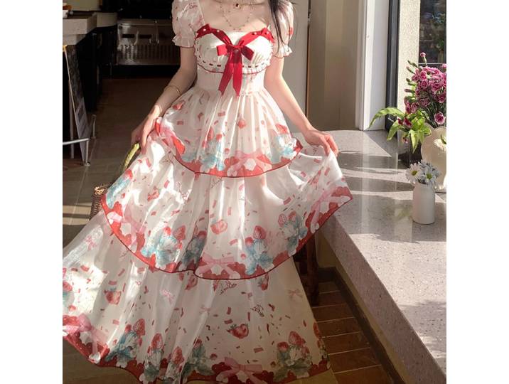 Robe de gâteau cintrée à la taille imprimée, Style campagne mignon et Super doux, robe de soirée thé japonaise pour fille douce