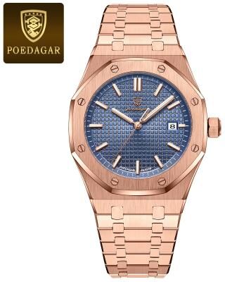 Fashion Sheath POEDAGAR Luxury Stainless Steel Quartz Watch For Men rose Gold Blue