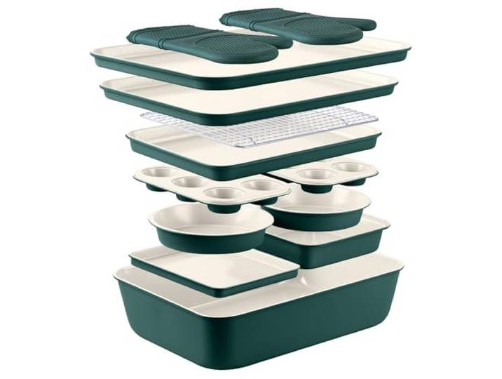 Country Kitchen Stapelbares Backformen-Set mit Antihaftbeschichtung, Deluxe, strapazierfähig, leicht zu lösen, Salbei, 13-teilig
