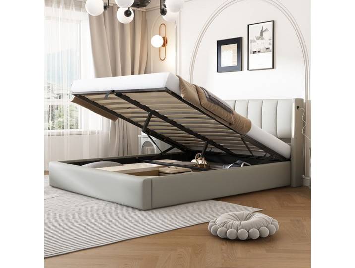 VUENOR Lit coffre 140x190 cm gris – LED USB tête de lit réglable sans matelas