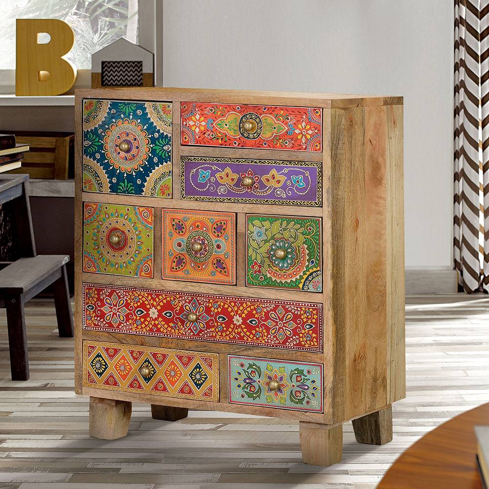Pharao24.de Schubladenkommode Holzkommode handbemalt im Boho Style