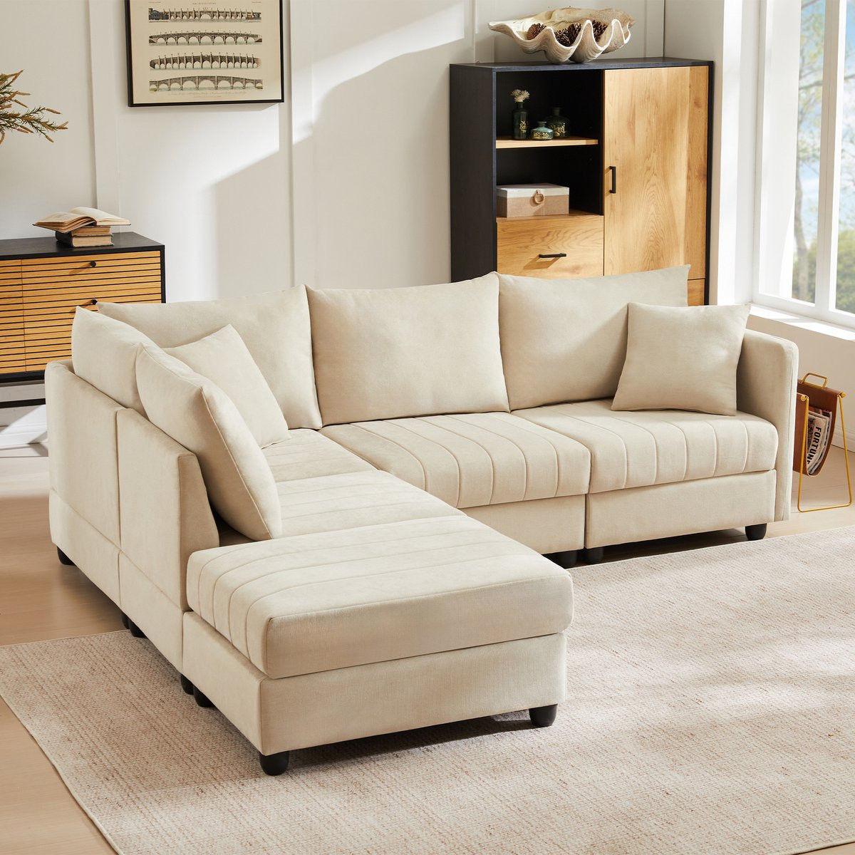 Moderne Modulaire Hoekbank met Ombouwbare Voetenbank, 5-Zits L-vormige of U-vormige Bank, Beige