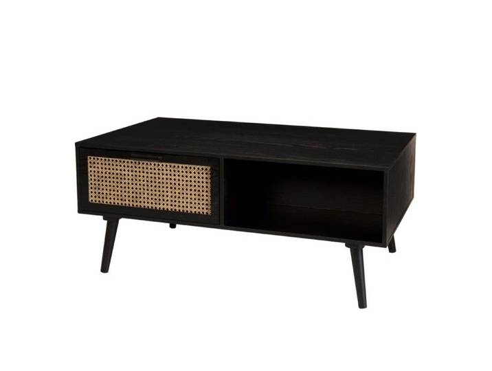 Table basse noire bois 2 tiroirs cannage 1 niche - MACABANE - EMILIO - Scandinave - Moderne