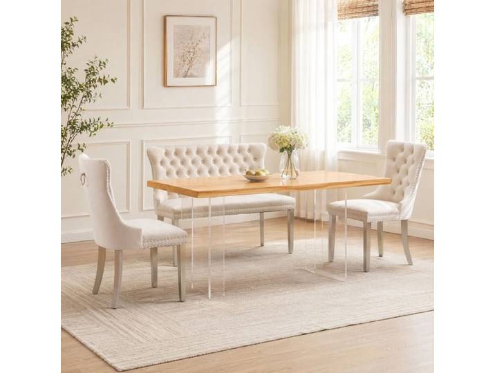 Banquette 2 places capitonnée avec dossier à ailes - MODENVIE - velours acier inoxydable brossé beige