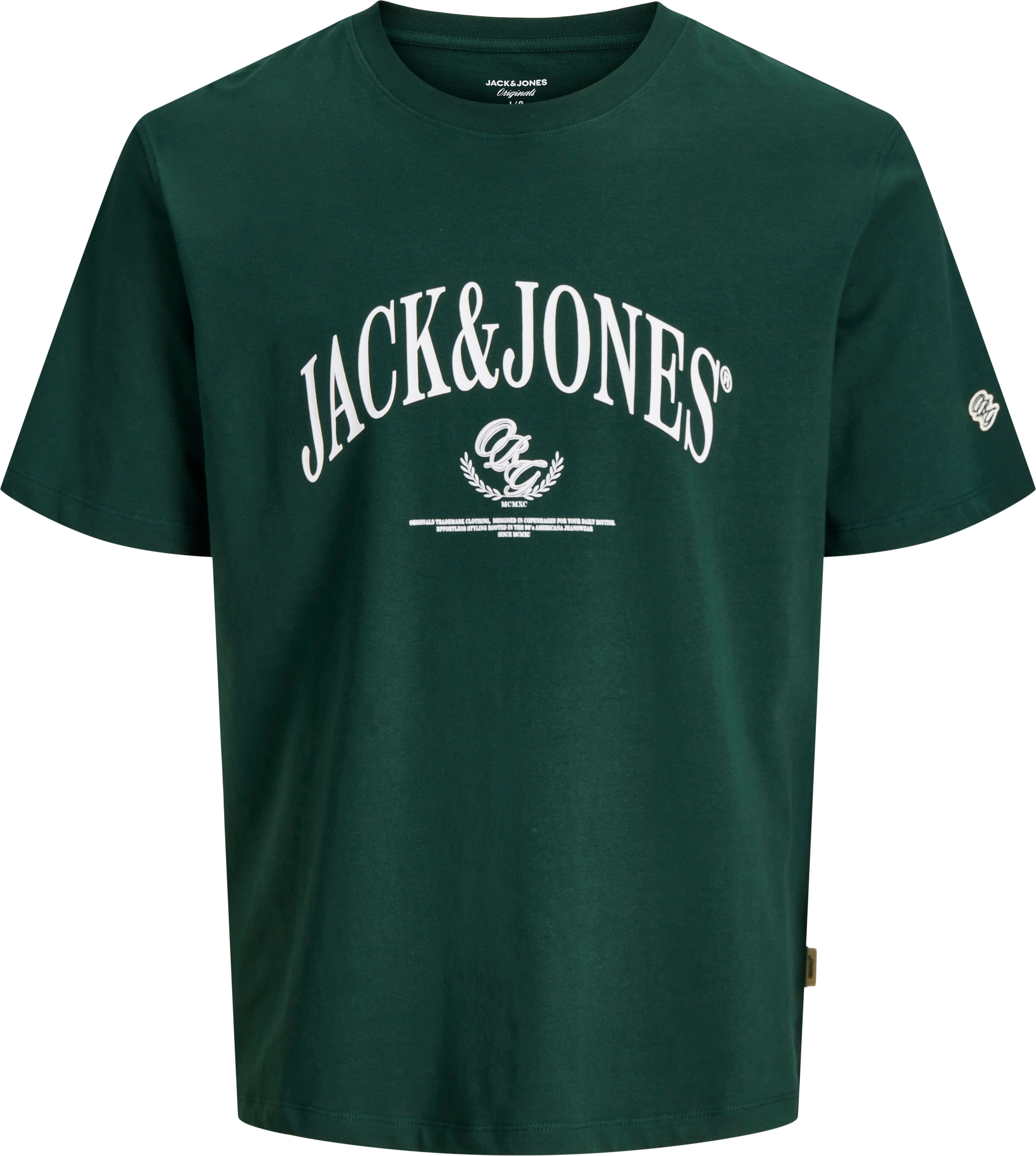 Rundhalsshirt JACK & JONES "JORFREDERIKSBERG BOLD BRANDING TEE SS CN", Herren, Gr. S, grün (pine grove), Jersey, Obermaterial: 100% Baumwolle, bedruckt, regular fit normal, Rundhals, Shirts Rundhalsshirt, Baumwolle, regular fit pine grove S