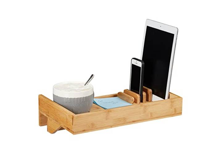 Relaxdays\, nature Plateau de Lit\, Bambou\, Tablette\, Table de nuit\, Organiseur\, Porte-gobelet D : 9 cm\, Peu encombrant\, métal\, plastique\, 1 pièce