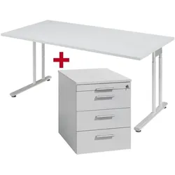 Geramöbel Möbel-Set »Lissabon« 2-teilig, Schreibtisch mit C-Fuß und Rollcontainer schmal grau