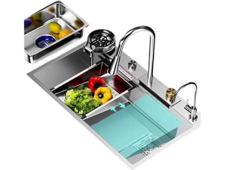 ZQFHSX Küchenspüle mit Regenablauf, Einzelrille, Edelstahlspüle, Armatur und weiterem Zubehör (68 cm)
