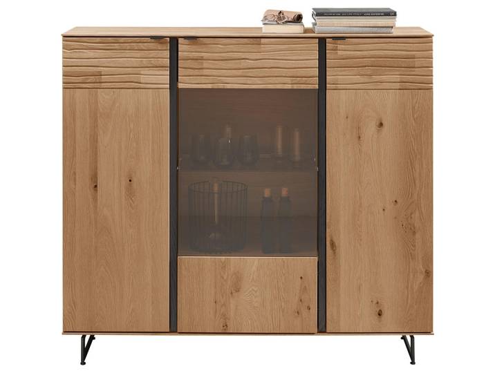 Valnatura Highboard, Eiche, Metall, Kerneiche, massiv, 7 Fächer, 139x127x44 cm, Goldenes M, stehend, Holzmöbel, Kleinmöbel Holz, Holzkommoden, Highboards Holz