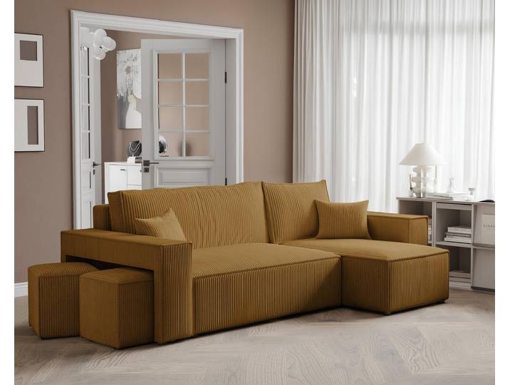 Idohome–Moderne Ecksofa PARIS mit Hockern mit Schlaffunktion, L-förmigen, Universale Couch, Bettcouch - Farbe: Gelb Poso 01