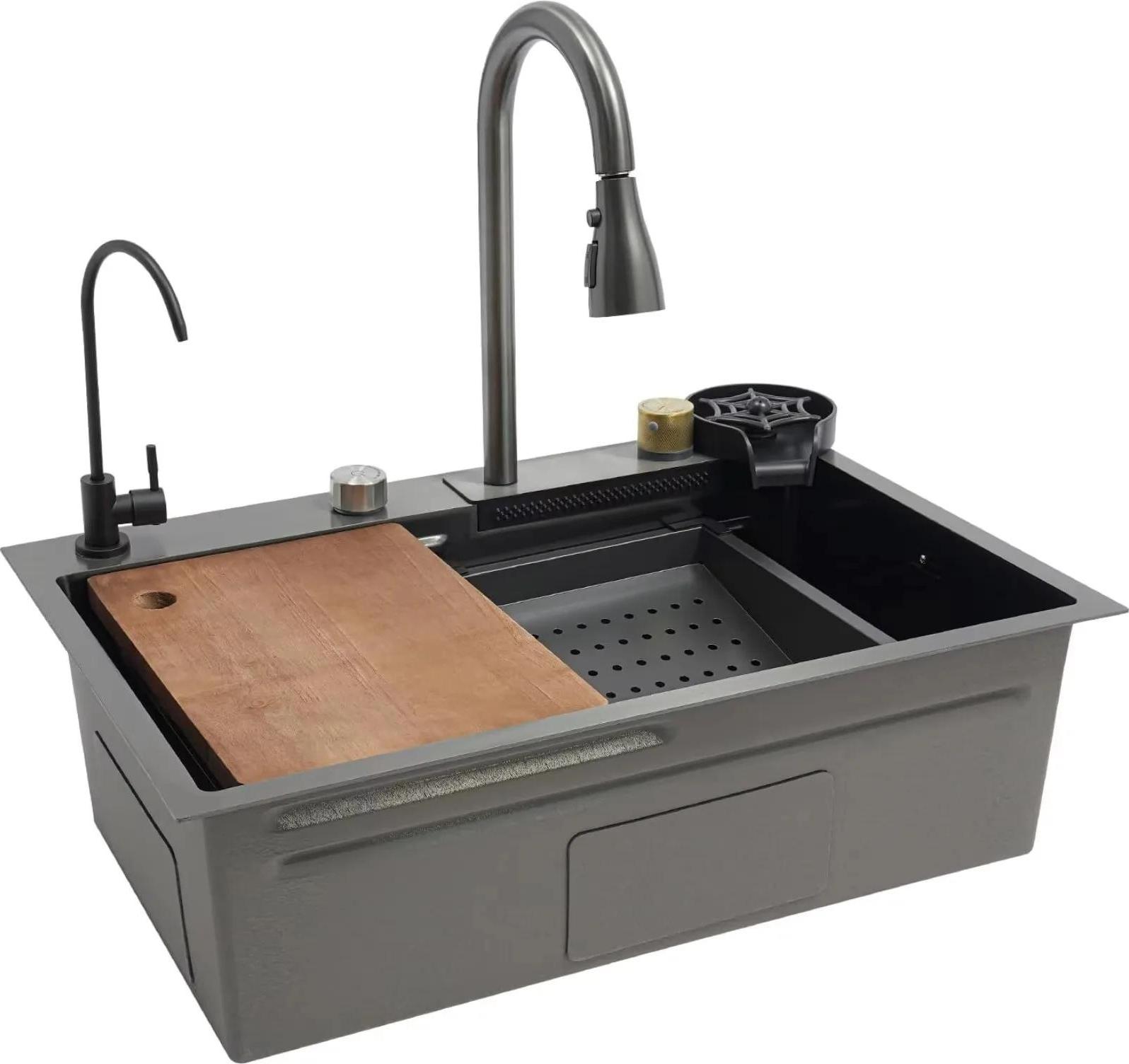 Küchenspüle - Doppelbecken aus Edelstahl - Mit Armatur - Ausziehbare Brause - 2 Loch - Wasserfall-Design - 68×45×21 cm - Schwarz