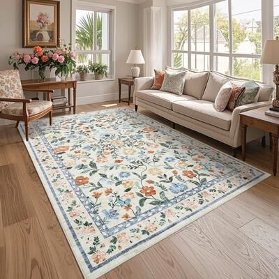 Garvee Farmhouse Distressed Floral Vine Area Rug