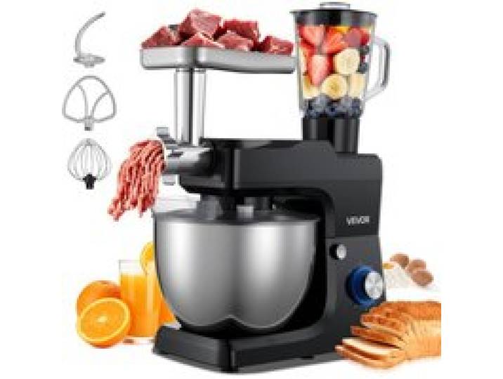 VEVOR multifunktionale Küchenmaschine elektrisch 1500 W mit Edelstahlschüssel (7,8 L) & Mixbecher (1,5 L), Knetmaschine Teigmixer mit 6+P-Geschwindigkeiten & Knethaken & Schneebesen & Rührbesen