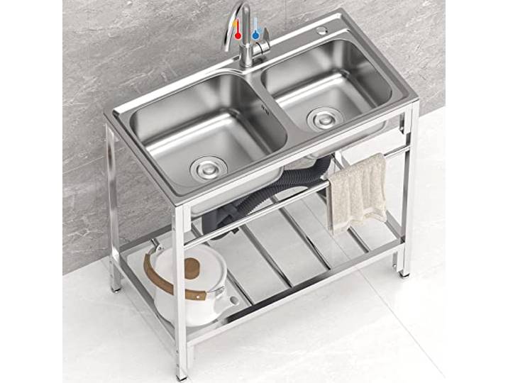 ZQFHSX Freistehendes 2-Becken-Spülbecken – Edelstahl 304, 83 x 44 x 85 cm, mit Kalt- und Warmwasserhahn, ideal für Gastronomie und Gewerbe.