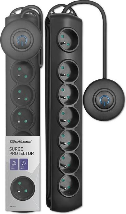 Qoltec 50171 overspanningsbeveiliging met 7 stopcontacten, zwart, 1,5 m