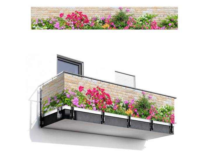 MuchoWow Balkon-Sichtschutz Blumen - Pflanzen - Blätter - Steine, Pink, Kunststoff, Rechteckig, 500x80 cm, Sonnenschutz, Sichtschutz