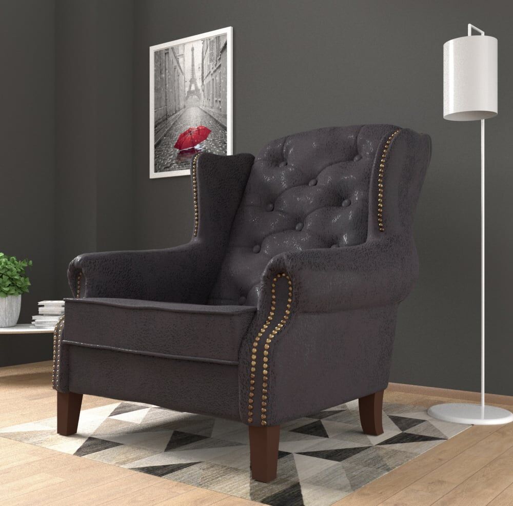 S-Style Fauteuil Chesterfield style vintage à oreilles microfibre, gris foncé Gris 93x102x102cm
