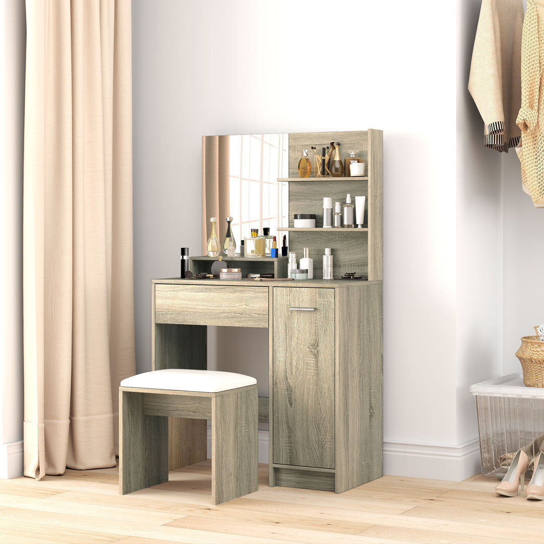 Brambly Cottage Dressing Dressing Table with Mirror and Stool, Makeup Desk for Bedroom Natural wood finish 132cm H X 80cm W X 40cm D