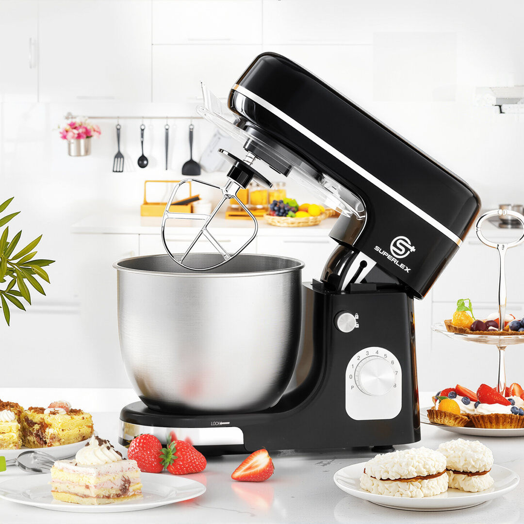 SUPERLEX 5L Stand Mixer, 1300W Electric Food Mixer, 8 Speeds & Pulse Black   Tilt-Head Kitchen Mixer, 304 Stainless Steel Bowl, Whisk, Dough Hook & Be Stainless Steel;Black