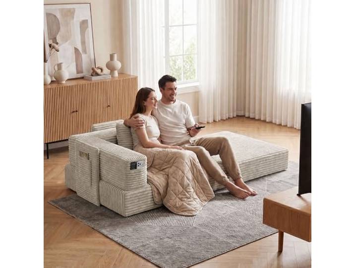 Fabulcozy 4-in-1 Schlafsofa 3-Sitzer mit Aufbewahrungs-Armlehnen, 2-in-1 Kissen-Decke Inklusive, Boneless in Cordvelours, Metallrahmen, Waschbarer Bezug, für Wohnzimmer & Schlafzimmer(Khaki)