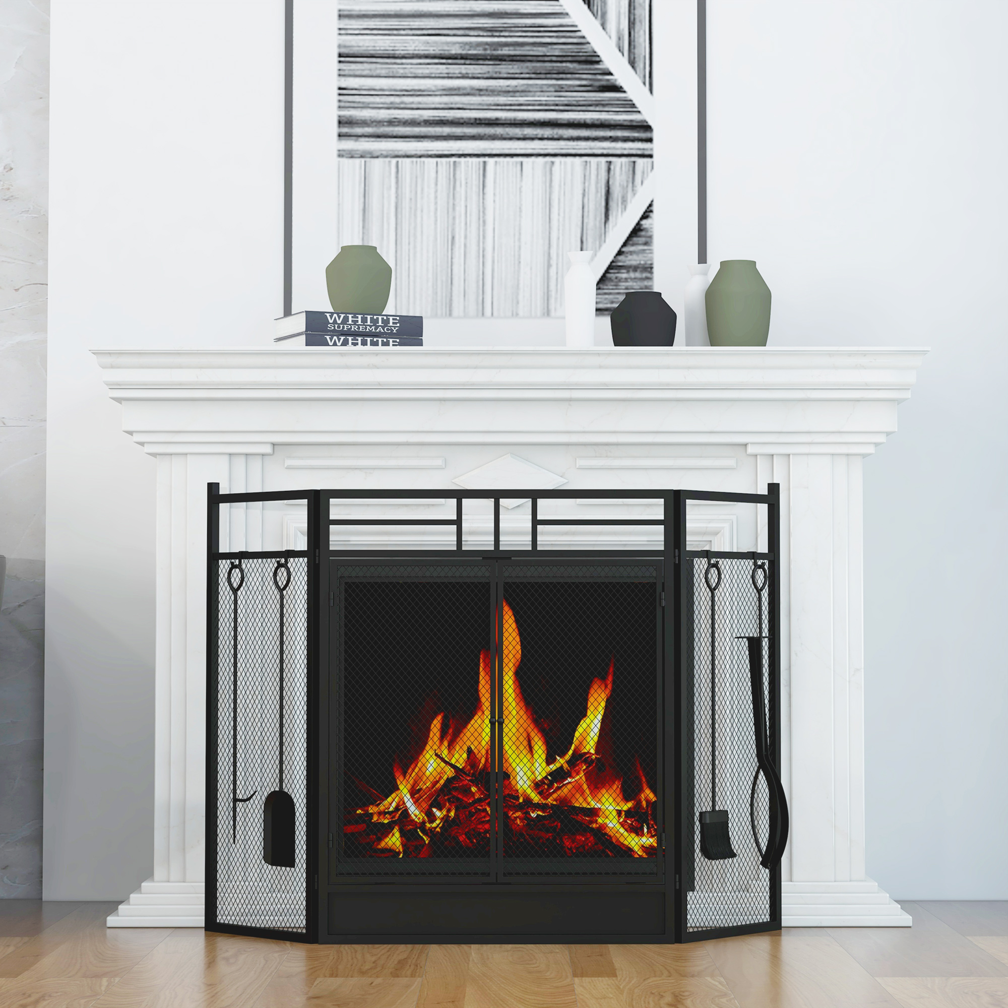 Homcom Parascintille Camino Moderno, Parafuoco Pieghevole con 2 Porte in Metallo Nero, 122x1.6x80cm Aosom