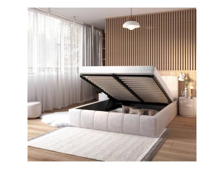 Lit coffre 160x200 cm en velours Beige avec sommier relevable et coffre de rangement - ATLANTA