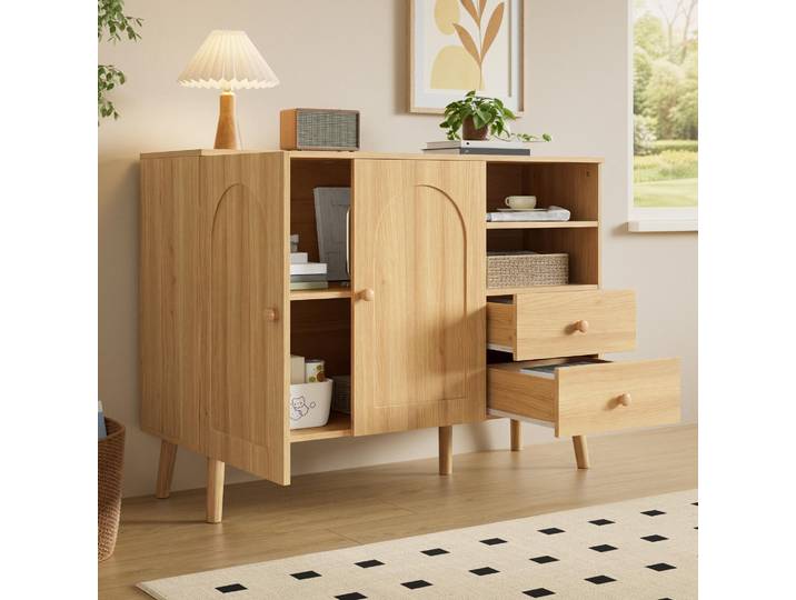 okwish Sideboard mit zwei Schubladen und offenen Fächern, Kommode Doppeltür-Design, Holzfüße,für kleine Wohnungen Natur