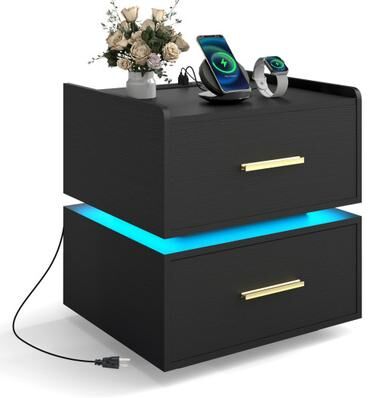 Costway Nightstand with Charging Station LED Bedside Table with 2 Storage Drawers-Black