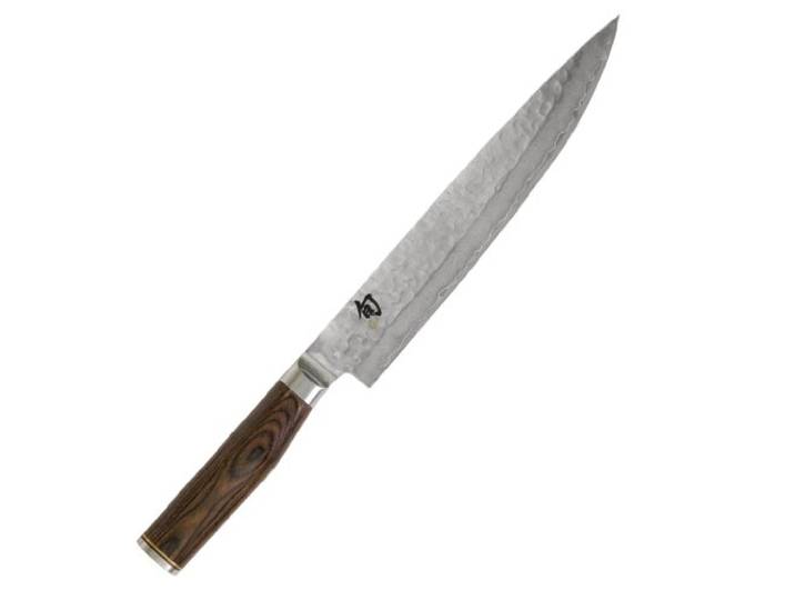 KAI Shun Premier Tim Mälzer japanisches Schinkenmesser 24 cm Klingenlänge - VG-MAX Kern 61 HRC, 32 Lagen Damast hochglanzpoliert - Pakkaholz mittelbraun - Hammerschlagoberfläche - Made in Japan