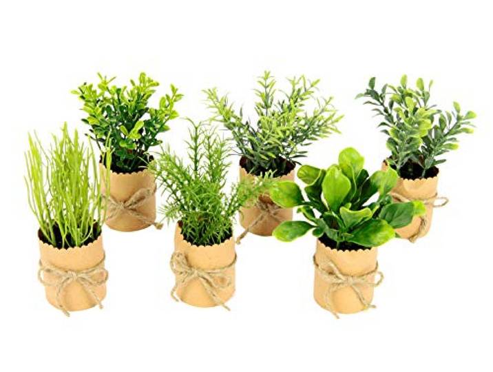 Künstliches mini Kräuter Sortiment im Papiertopf Pflanzen Kunstpflanzen Eukalyptus Rosmarin Spinat Thymian Basilikum Lauch Schittlauch Gartenkräuter Deko für Küche Wohnzimmer 6er Set, 12x8x8cm