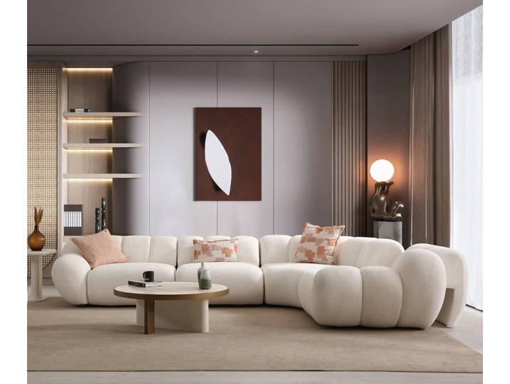 JVmoebel Ecksofa JVMoebel Weißes Ecksofa mit Kissen und runden Couchtisch
