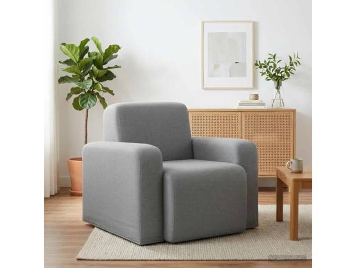 Sessel, hellgrau, Polyestergewebe, Holzrahmen Technik, gebogene Rückenlehne Modernes Design, gepolsterte Armlehnen, Polyester, Trockenreinigung, Verwendung im Wohnzimmer, Schlafzimmer, Lesen