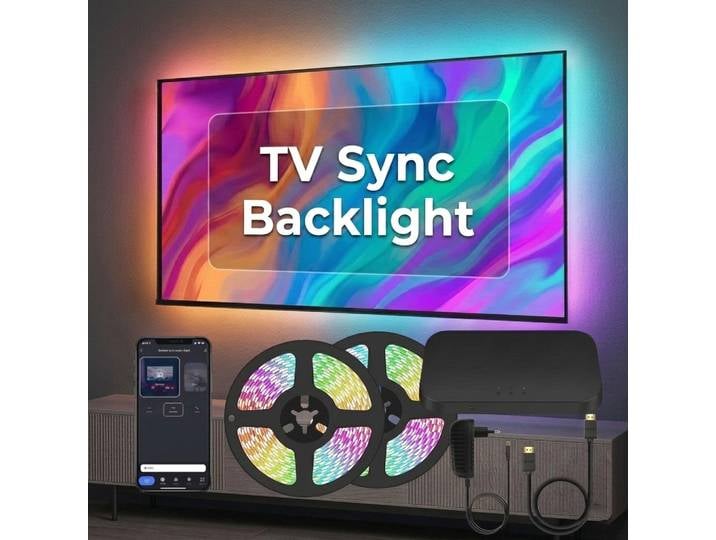 Kit de bande lumineuse LED pour téléviseur intelligent avec rétroéclairage ambiant et boîtier de synchronisation HDMI 2.1/2.0, contrôle vocal Tuya Wifi Alexa Google Assistant