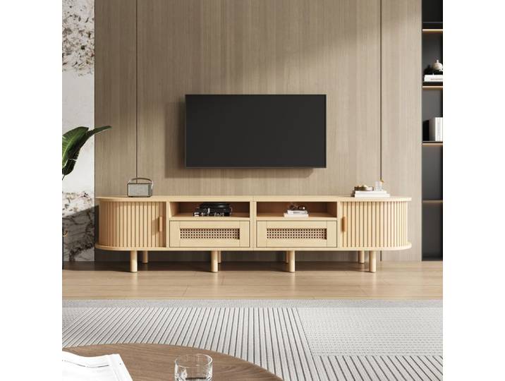 Meuble TV Ovale 170 cm Rotin Banc TV Scandinave Bois Clair avec Portes Coulissantes Meuble Télévision Bas pour Écran 70 Pouces