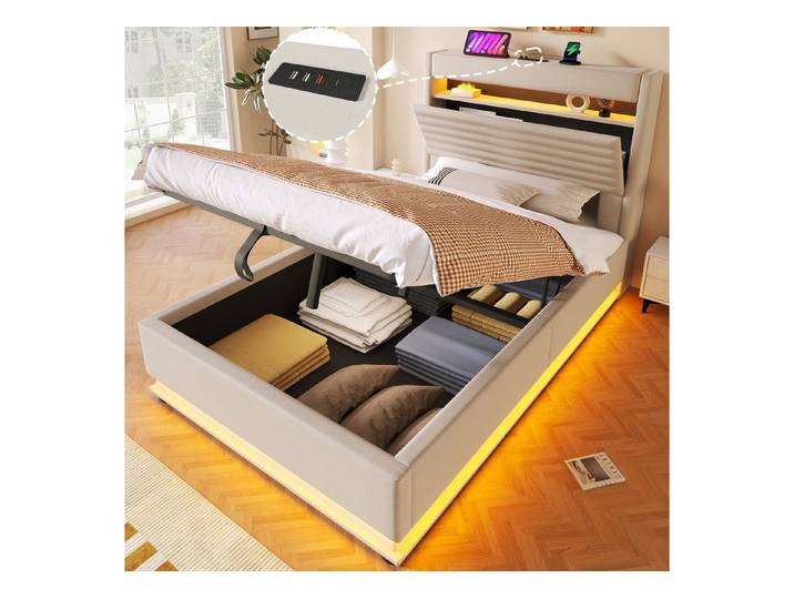 MODFU Polsterbett Stauraumbett mit USB-C Ladefunktion, LED-Beleuchtung (Funktionsbett Jugendbett, hydraulischem Bettkasten und Flip-Top Stauraum, App-/Drucksteuerung, Kinderbett 90x200 cm), ohne Matratze