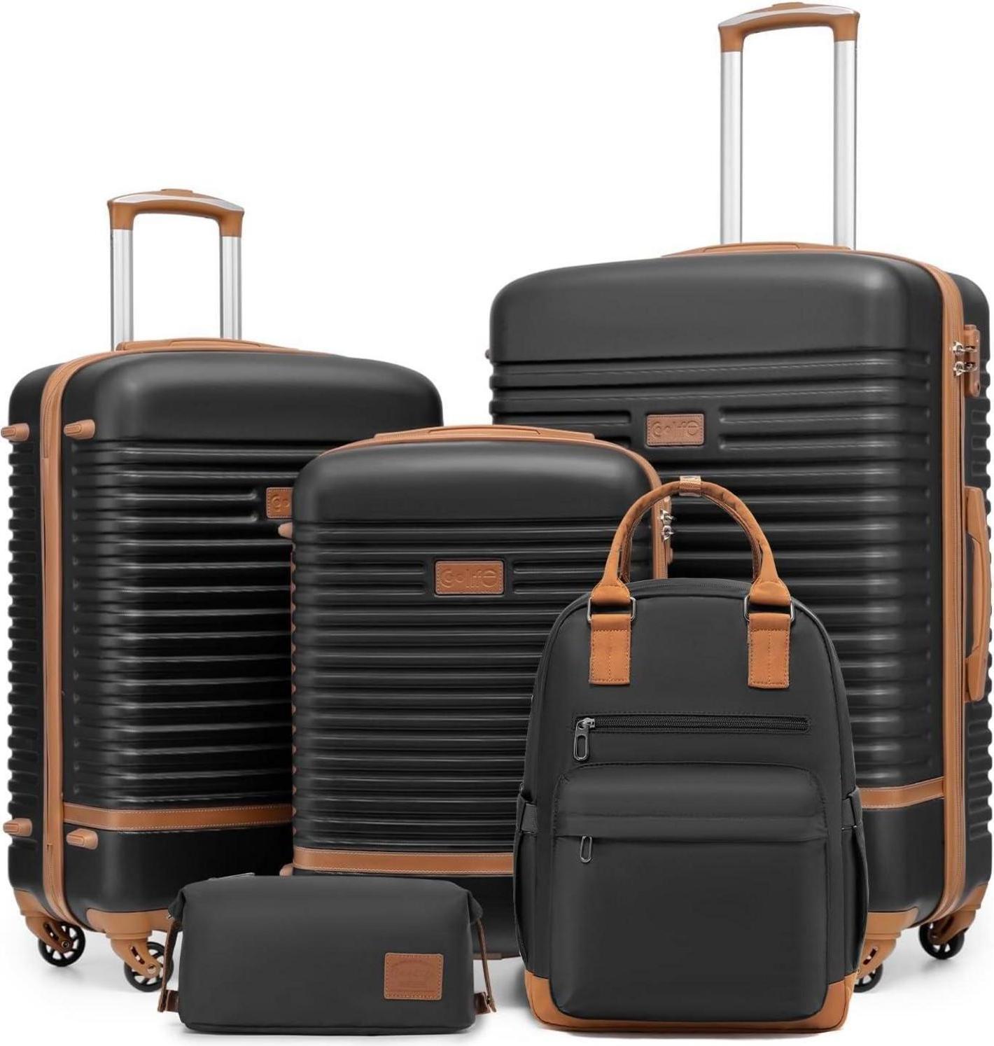 COOLIFE Koffer Trolley Set ABS Hartschalen 4 Rollen TSA-Schloss 5tlg Schwarz/Braun