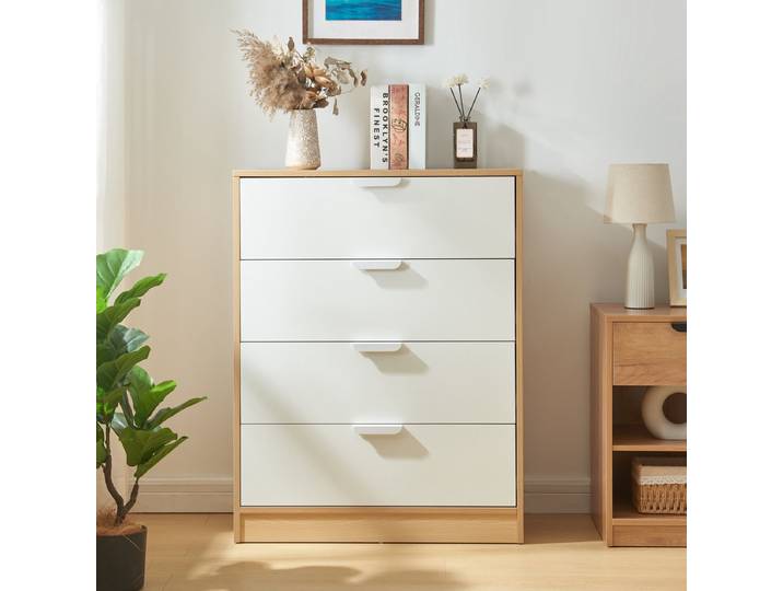 [en.casa] Commode Varkaus met 4 lades kledingkast slaapkamer opbergkast ladekast 90x70x40 cm eikenkleurig en wit