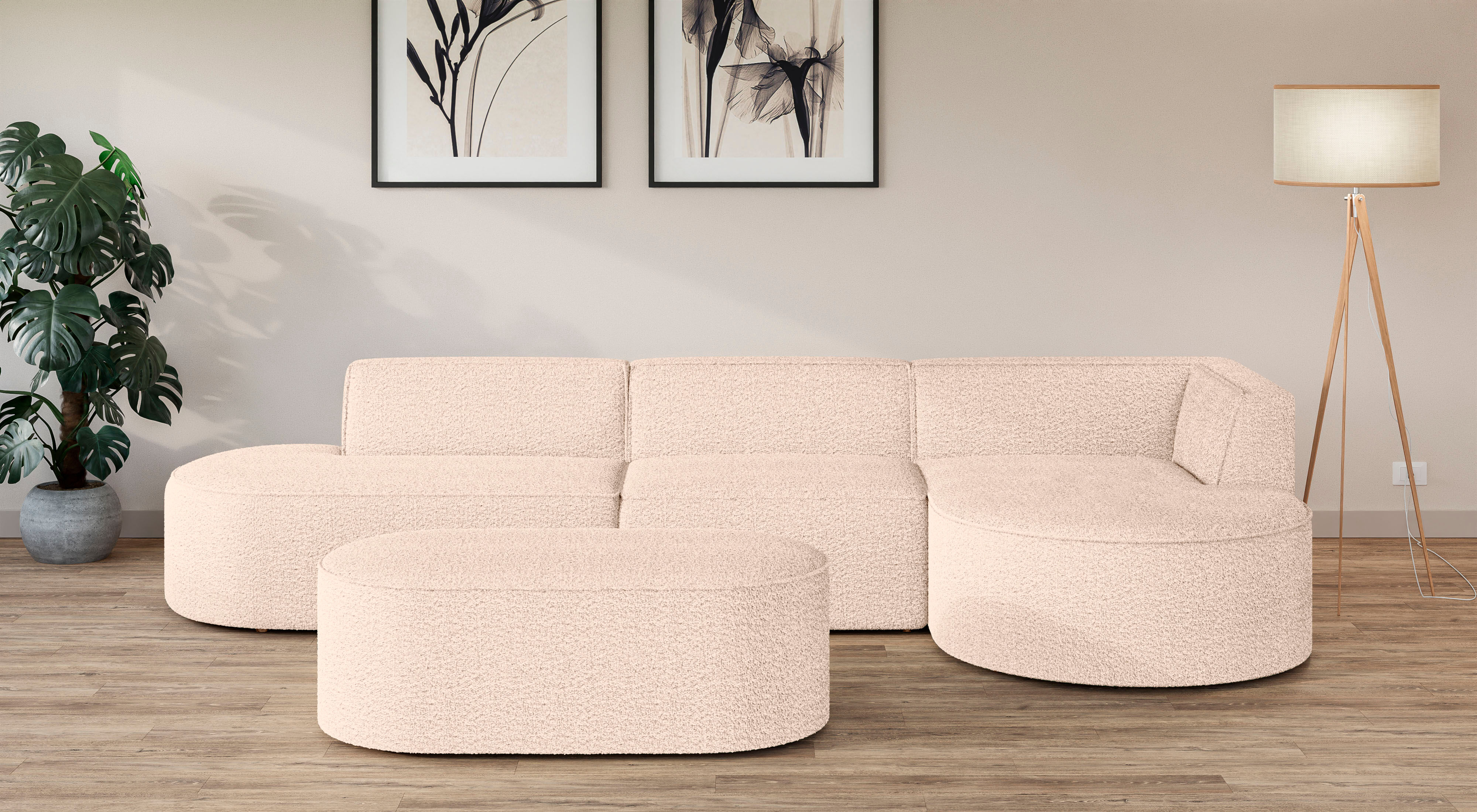 Ecksofa GOODPRODUCT "EIVIND Designer Sofa mit Ottomane rechts/links, B/T/H: 343/159/72 cm", beige (hellbeige), B:343cm H:72cm T:159cm, 100% Polyester, Sofas, Ecksofa, L-Form mit Wellenunterfederung, auch in Feincord und Bouclé hellbeige B/H/T: 343cm x 72c