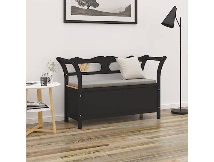 VIHHQGC Sitzbank Schwarz 107x45x75,5 cm Massivholz Tanne Massives Tannenholz, Rückenlehne, Armlehnen, Stauraum, 110 kg Belastbarkeit, Montageanleitung inklusive