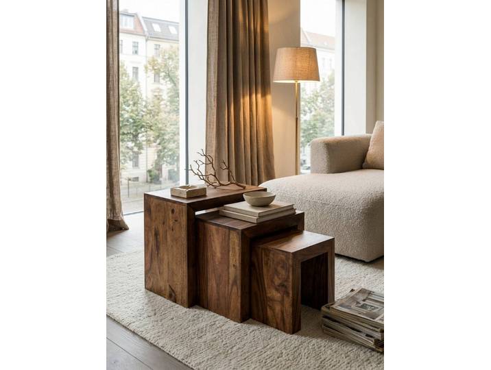 KADIMA DESIGN Satztisch 3er Set Satztisch Massiv-Holz Wohnzimmer-Tisch Landhaus-Stil, Beistelltisch dunkel-braun Naturholz