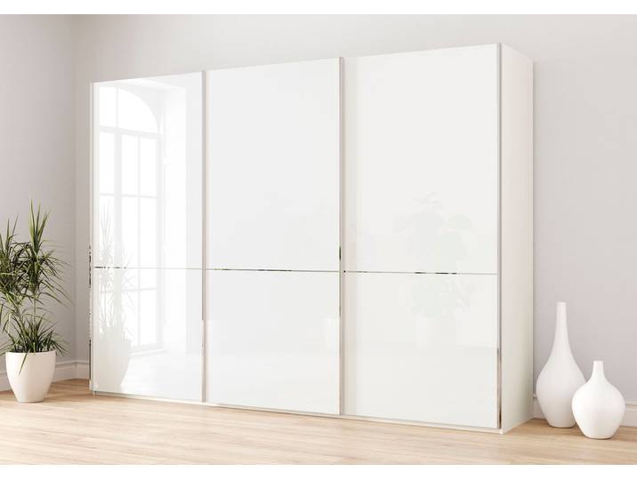 Schwebetürenschrank, Weiß, 295,2x236x67 cm, Floatglas & Holzwerkstoff, Mit Glastüren, Modern, Musterring