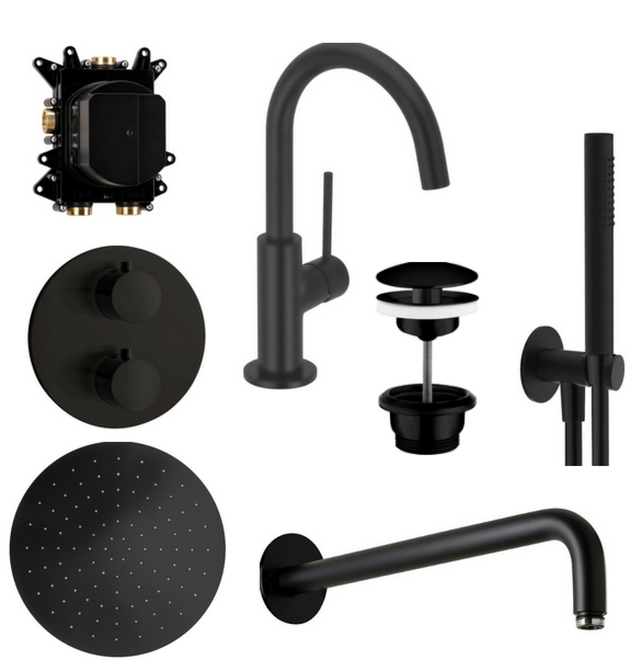 Herzbach Deep Black Duscharmatur Set  Waschtisch, Wanne, Dusche